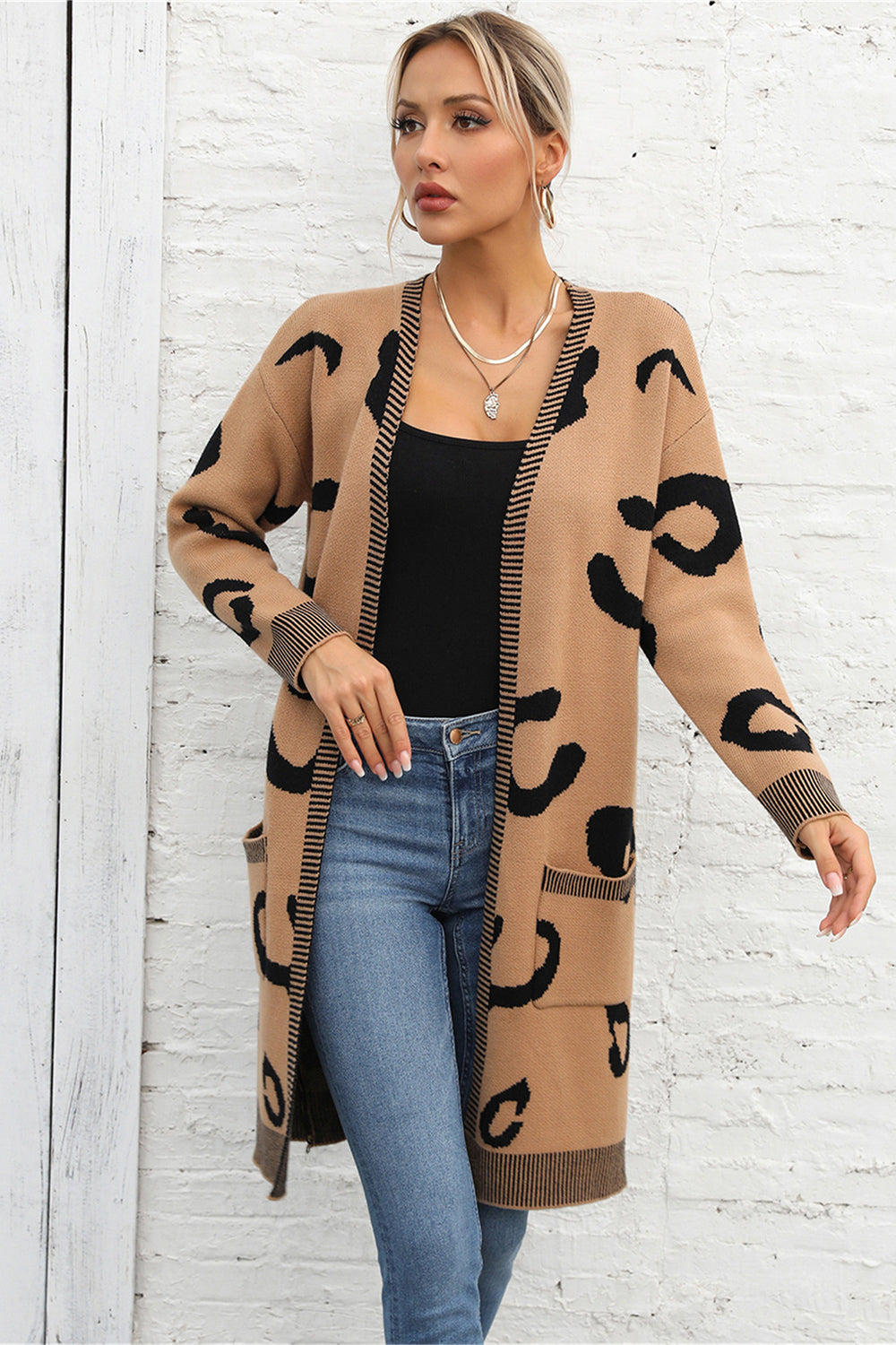 Printed Long Sleeve Cardigan with Pockets