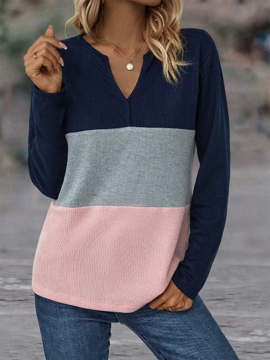 Color Block Notched Neck T-Shirt