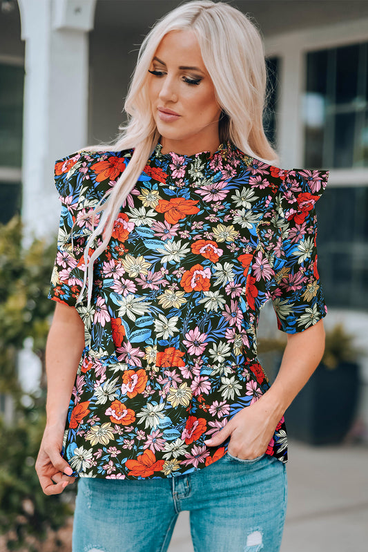 Floral Ruffle Shoulder Frill Neck Blouse