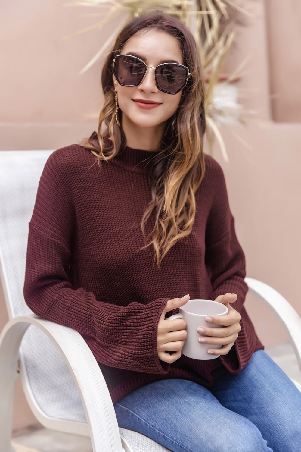 Woven Right Round Neck Cutout Dropped Shoulder Sweater