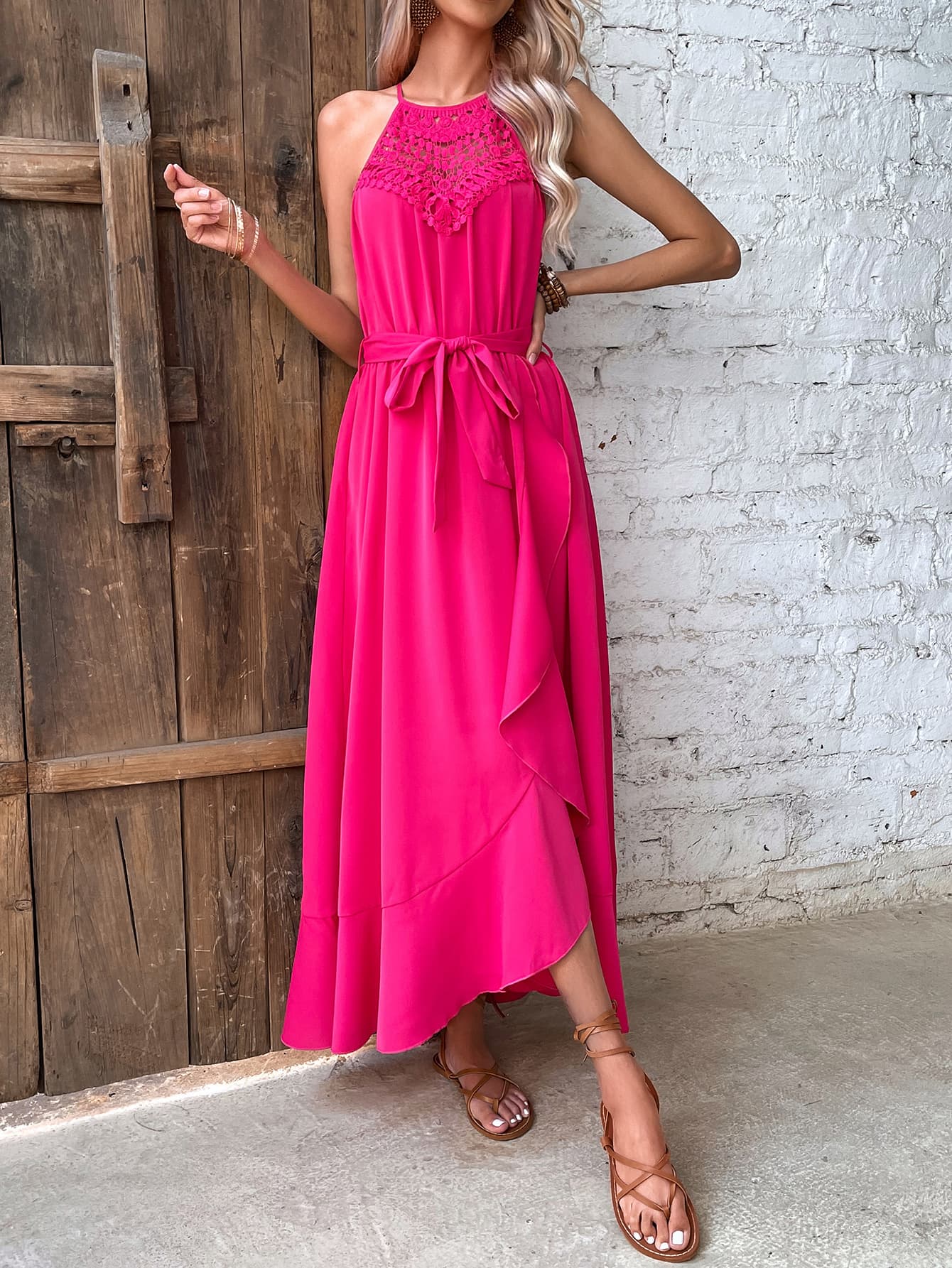 Grecian Neck Tie Belt Dress