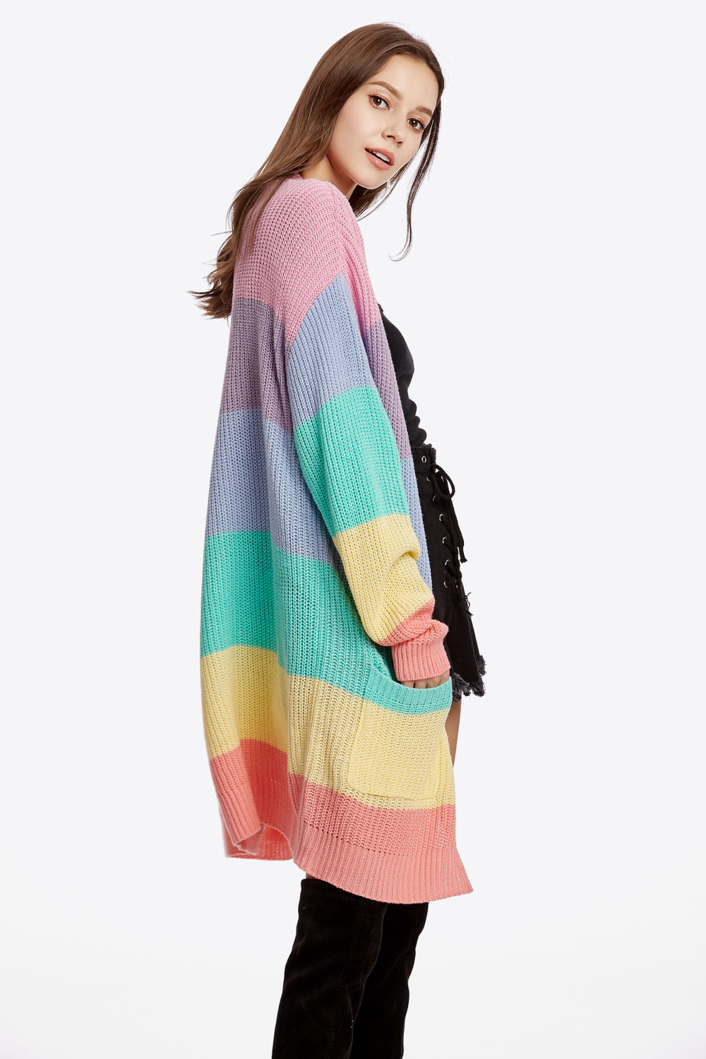 Color Block Open Front Drop Shoulder Cardigan with Pockets