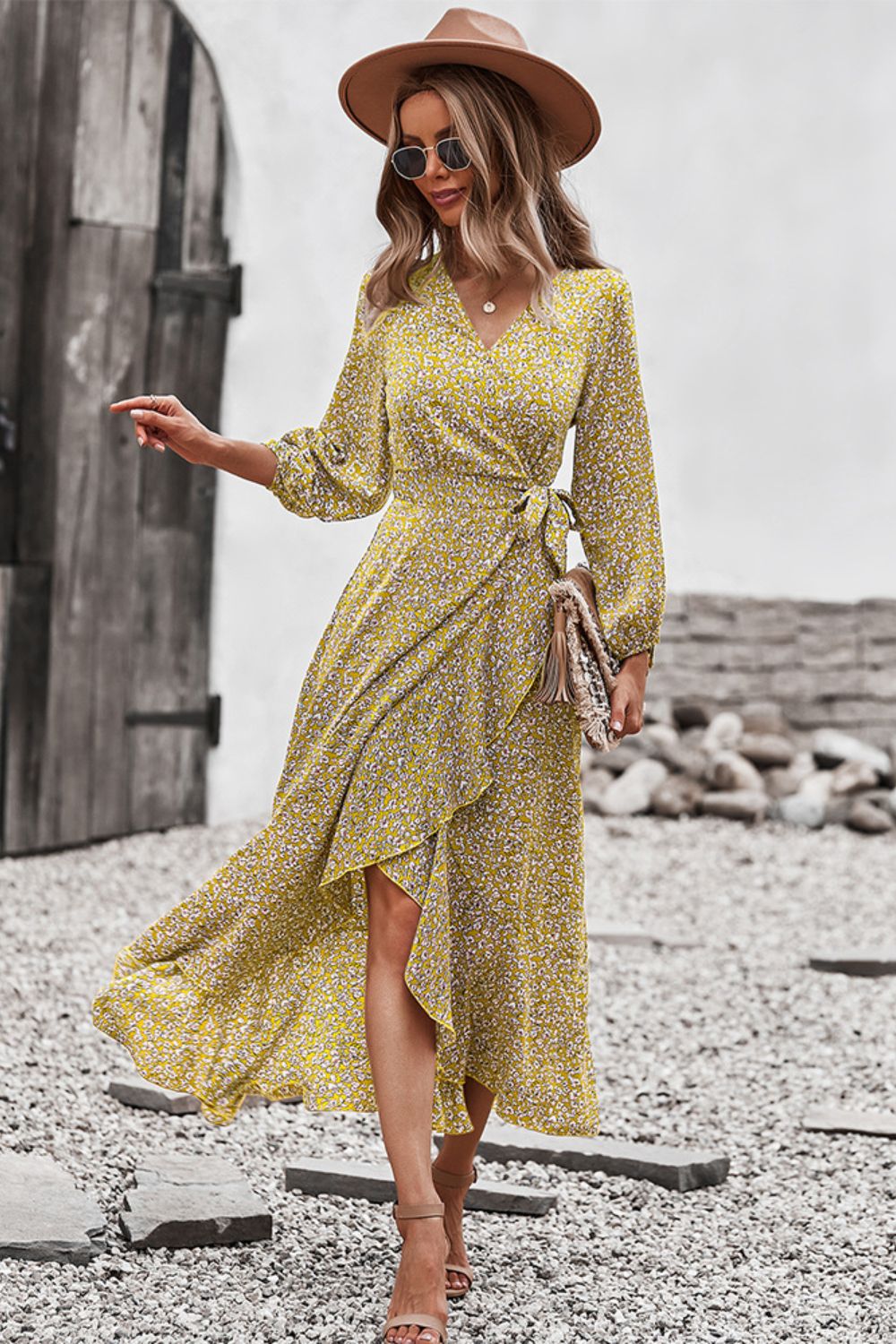 Floral Surplice Neck Long Sleeve Dress