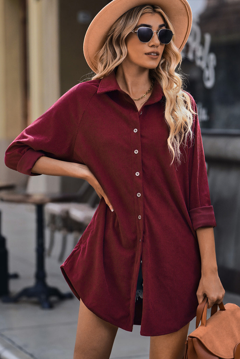 Button Front Curved Hem Raglan Sleeve Shirt Dress