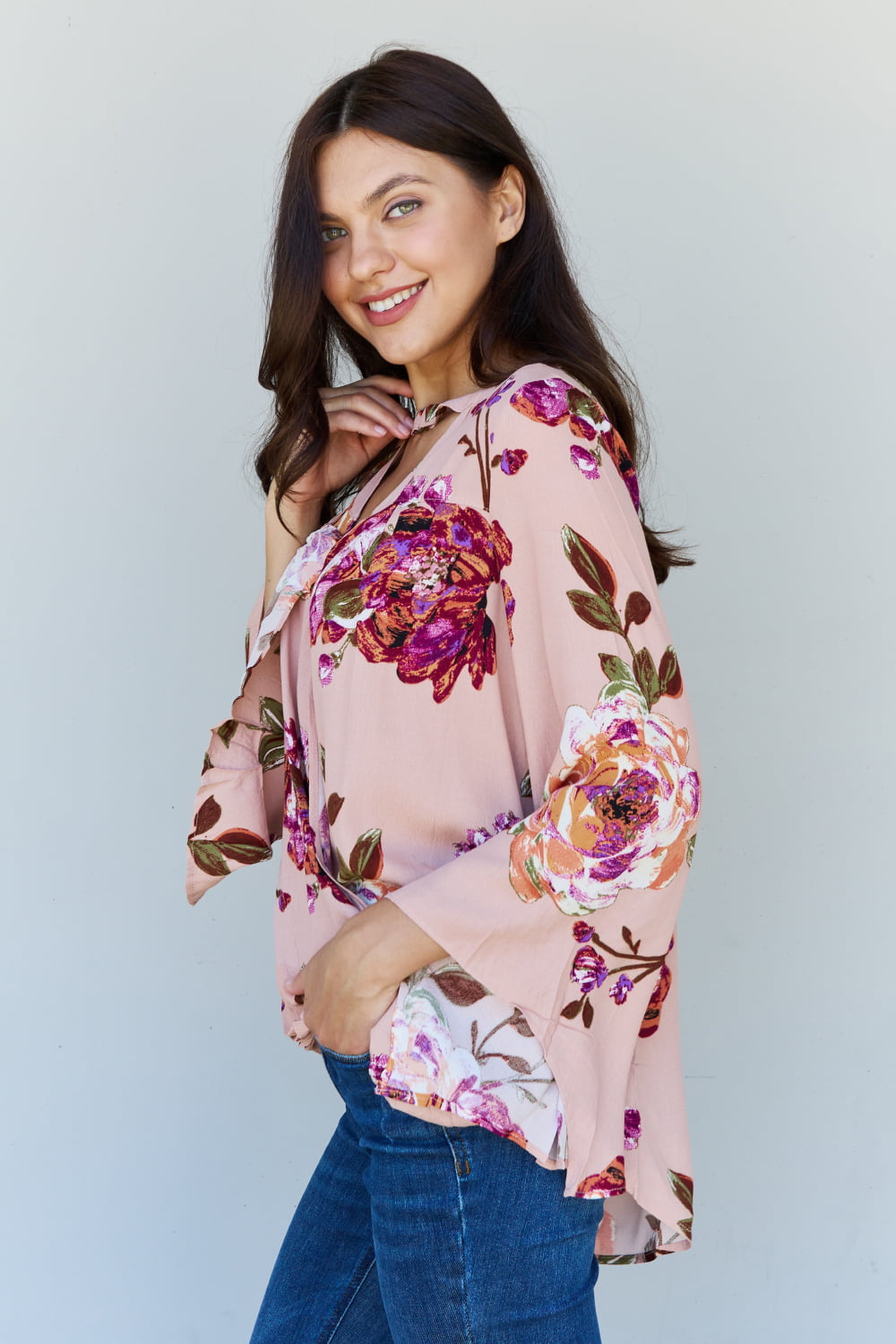 ODDI Full Size Floral Bell Sleeve Crepe Top