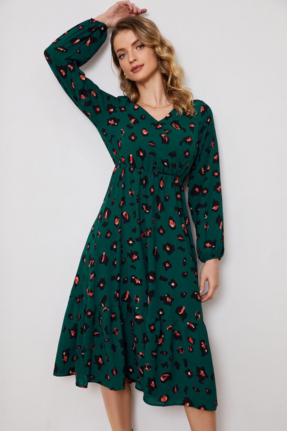 Printed Surplice Neck Long Sleeve Dress