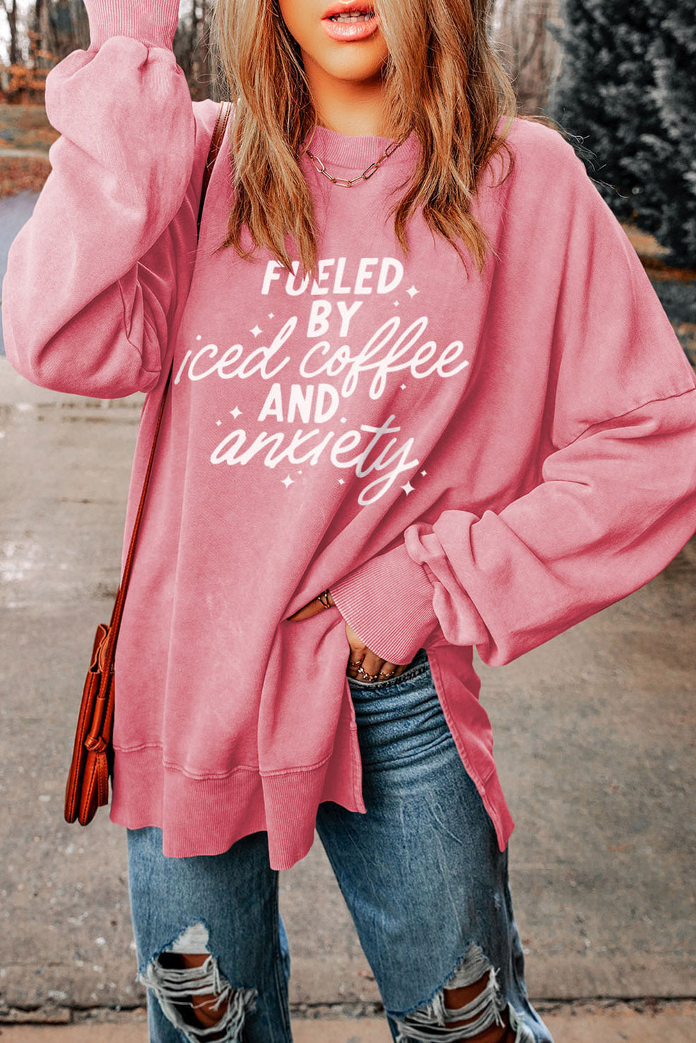 Slogan Graphic Dropped Shoulder Slit Sweatshirt