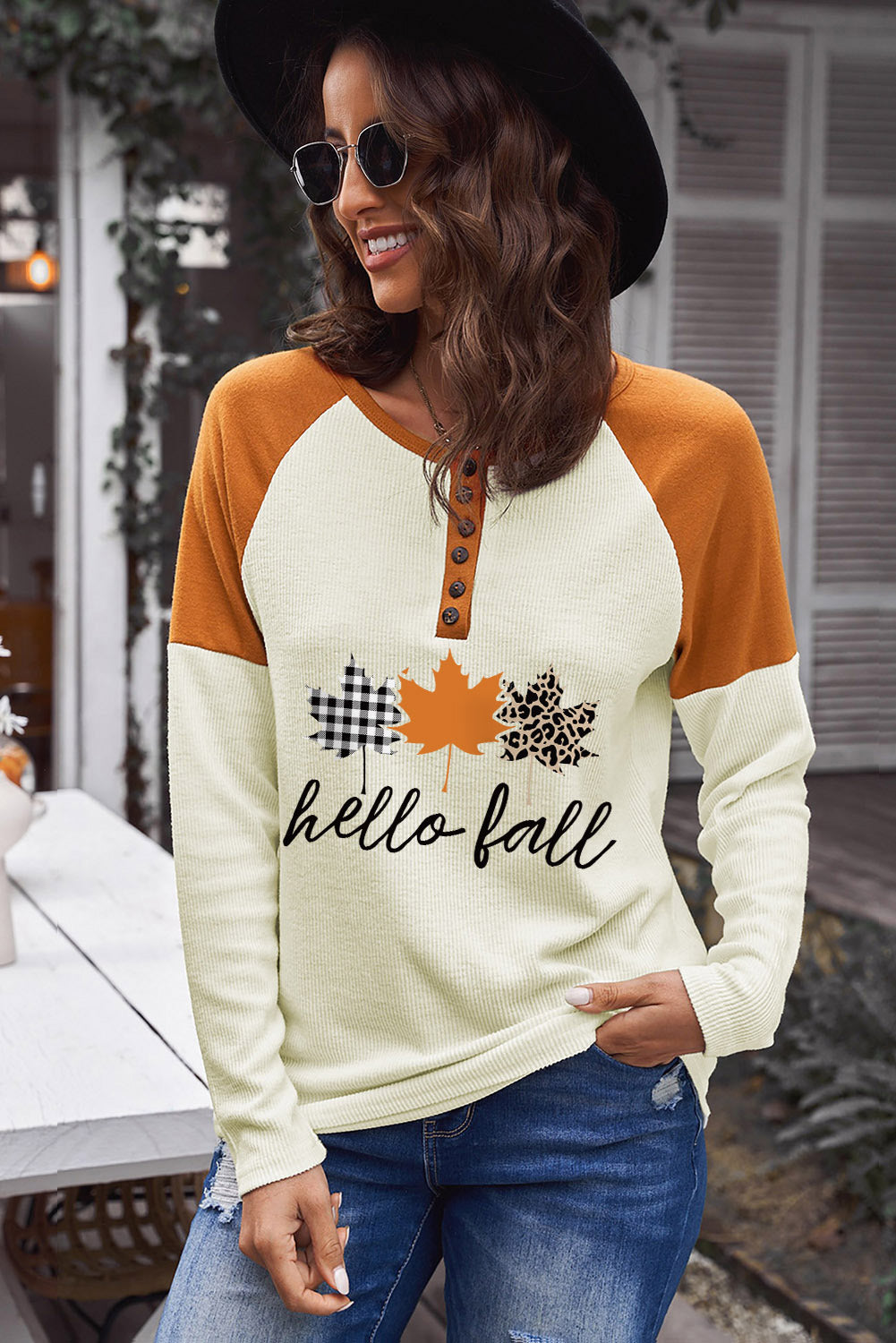 Simply Love HELLO FALL Graphic Raglan Sleeve Henley Top