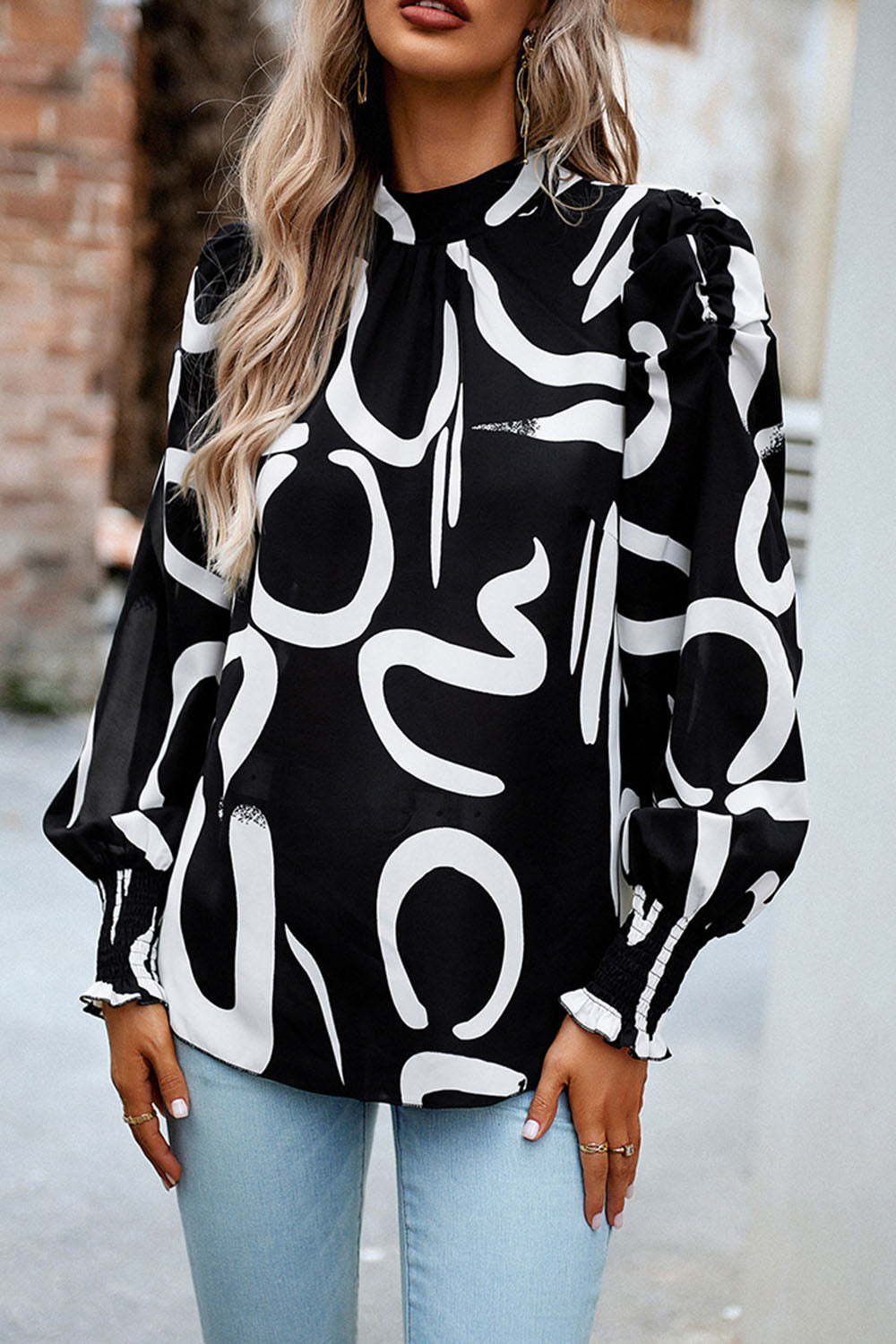 Printed Smocked Puff Sleeve Blouse