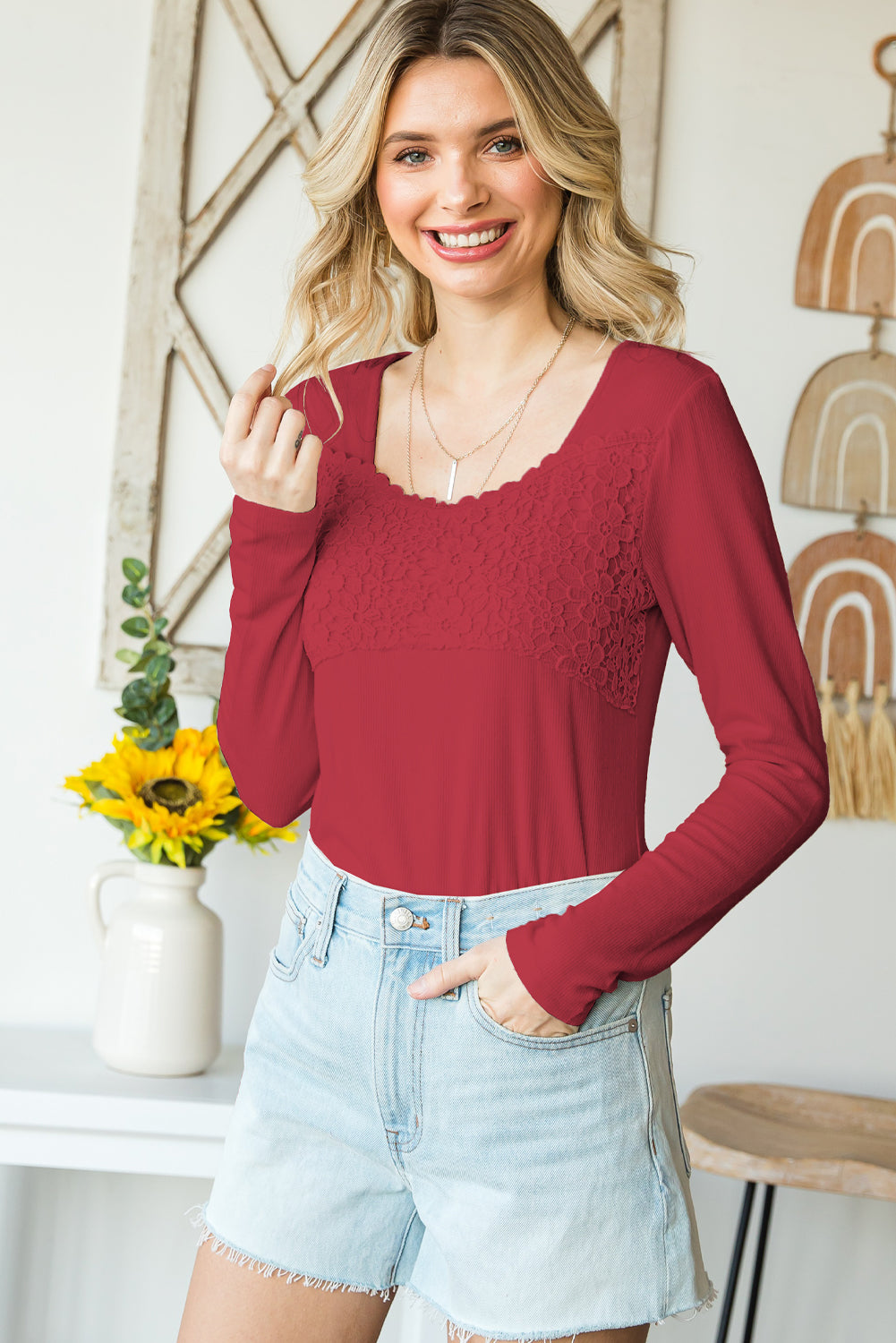 Double Take Lace Crochet Long Sleeve Top