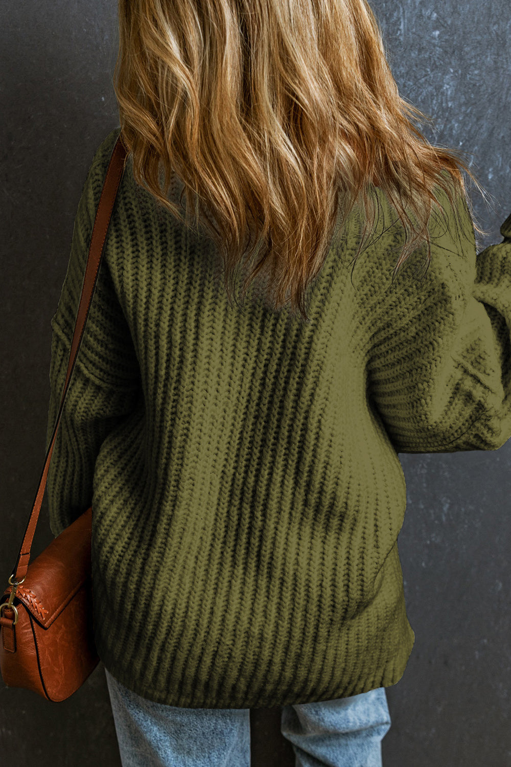 Ribbed Round Neck Dropped Shoulder Sweater