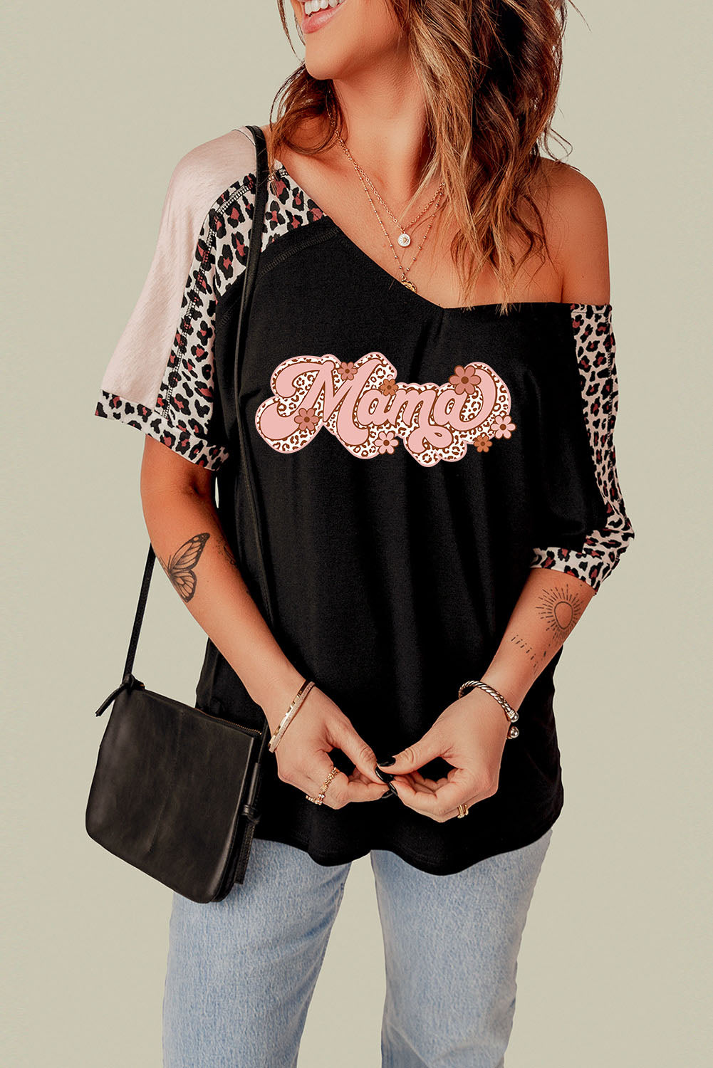 MAMA Graphic Leopard V-Neck Tee Shirt