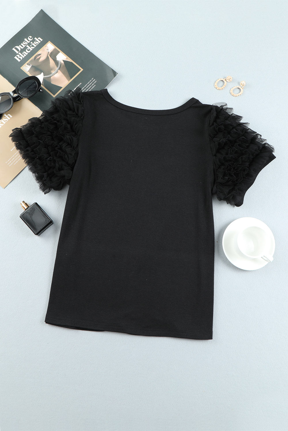 Round Neck Mesh Trim Short Sleeve Tee