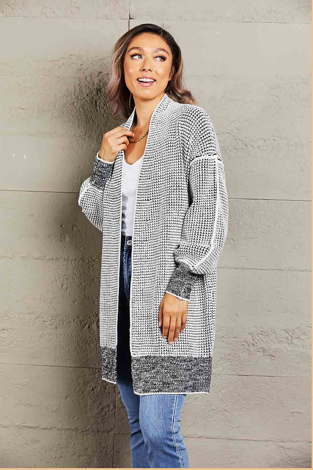 Woven Right Heathered Open Front Longline Cardigan