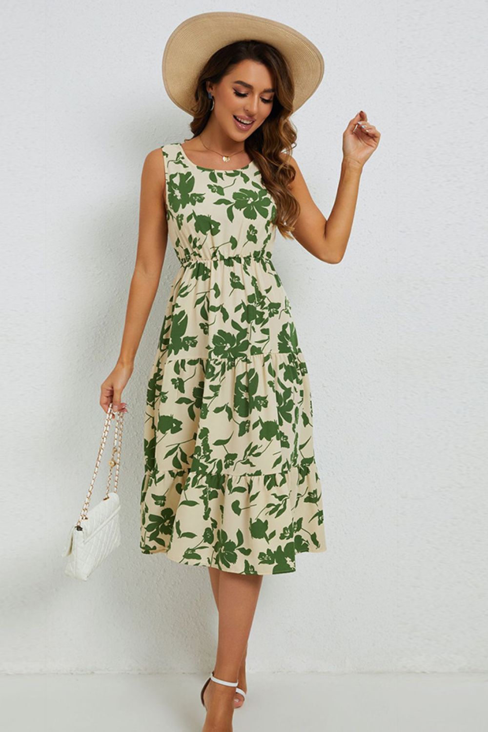 Floral Round Neck Tiered Sleeveless Dress