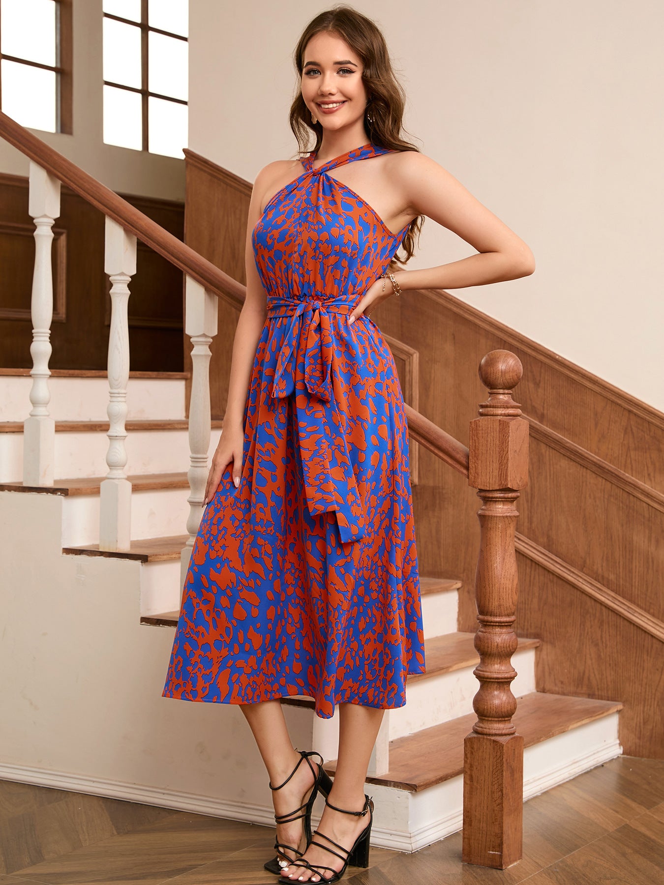 Printed Tie Waist Sleeveless Dress