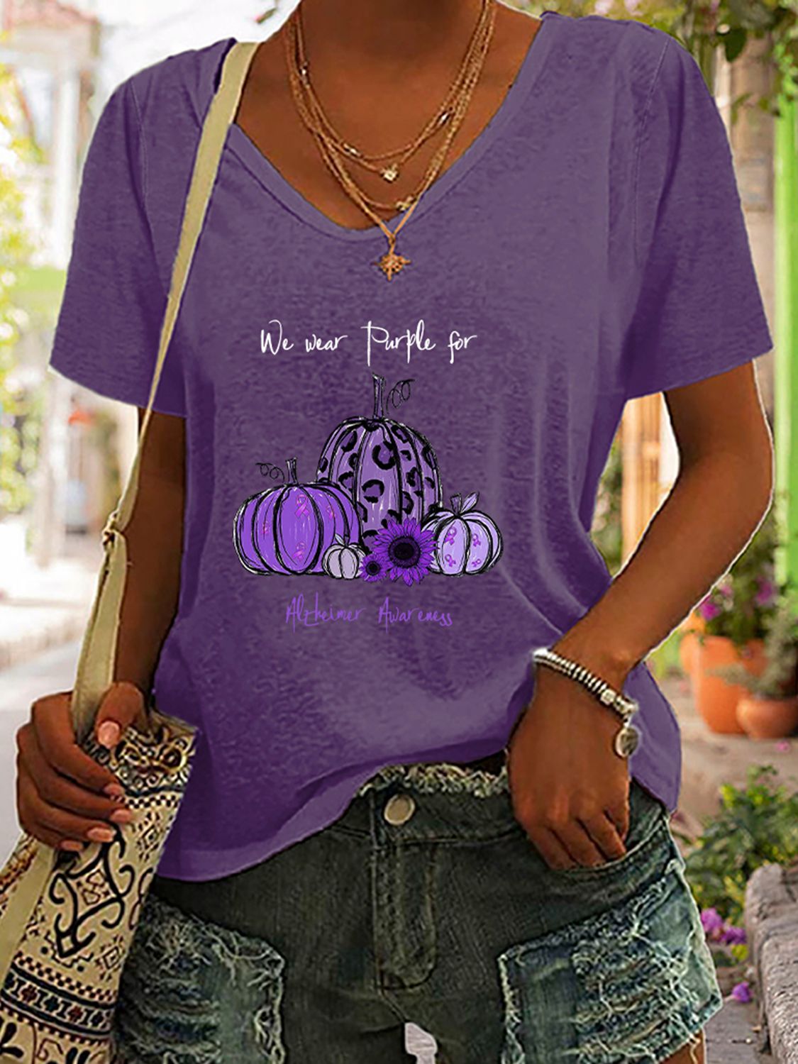 Full Size Pumpkin Graphic V-Neck T-Shirt