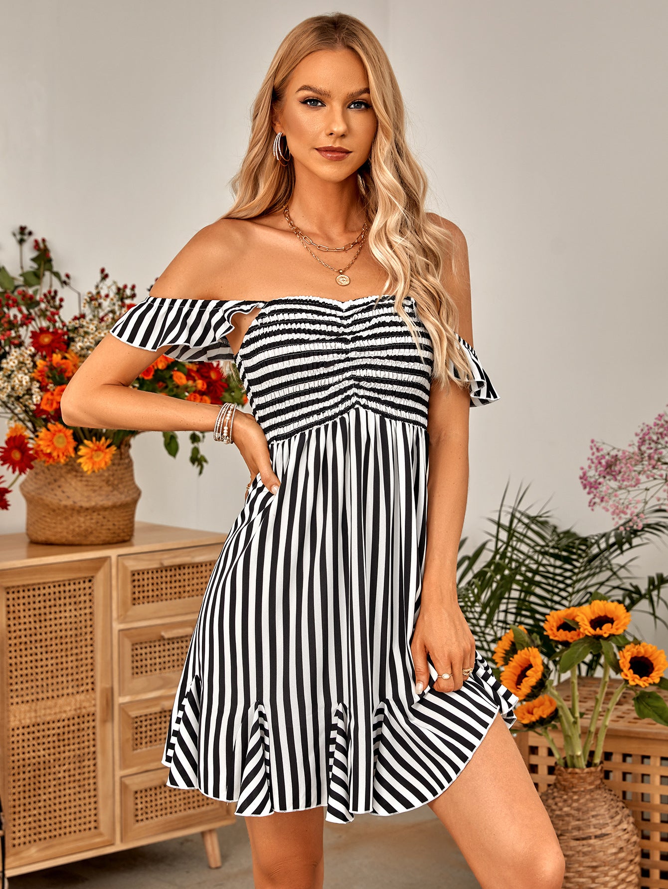 Striped Smocked Ruffle-Shoulder Sleeveless Dress