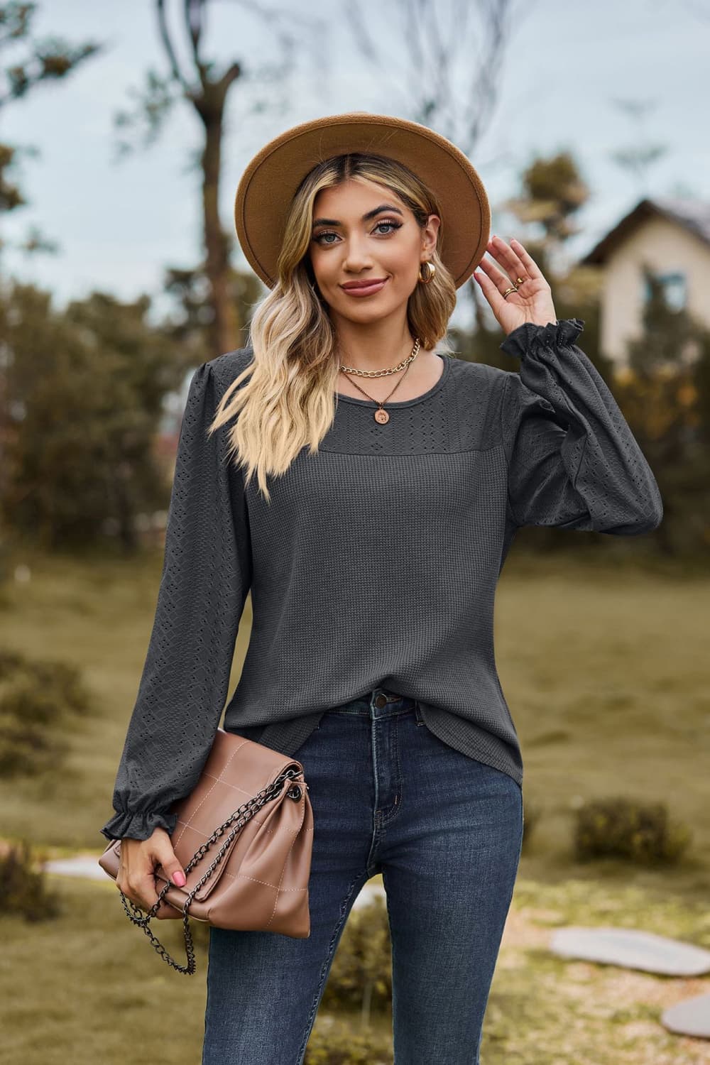 Round Neck Puff Sleeve Blouse