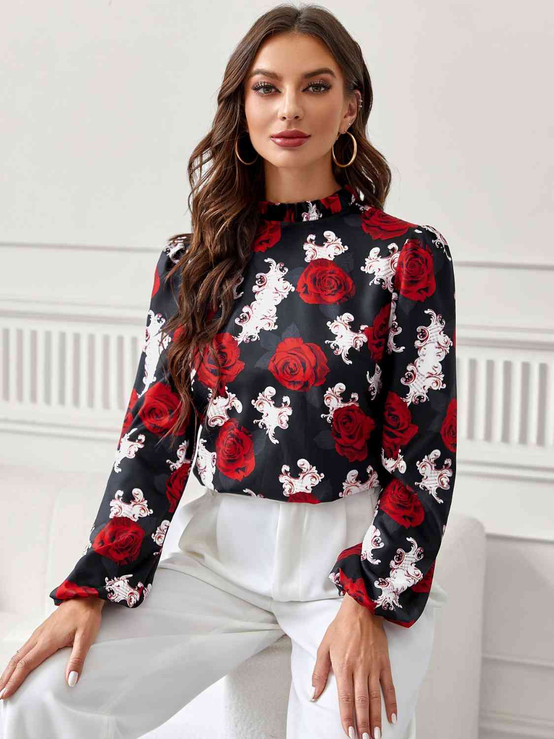 Floral Mock Neck Long Sleeve Blouse