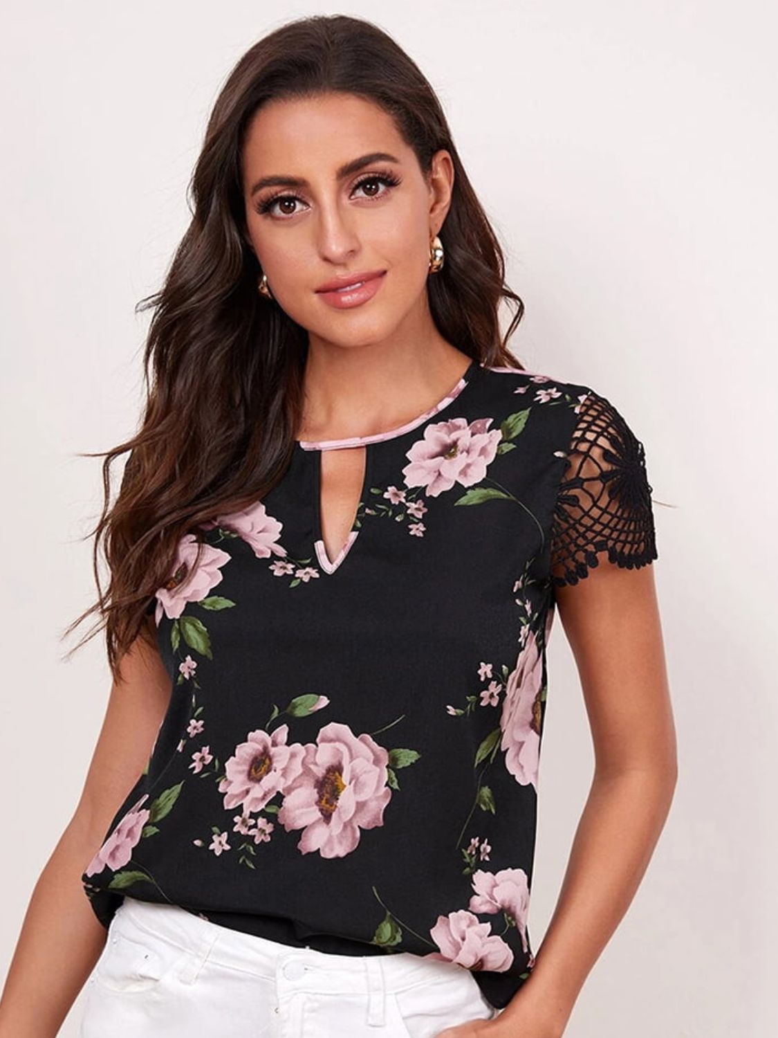 Floral Cutout Round Neck Blouse