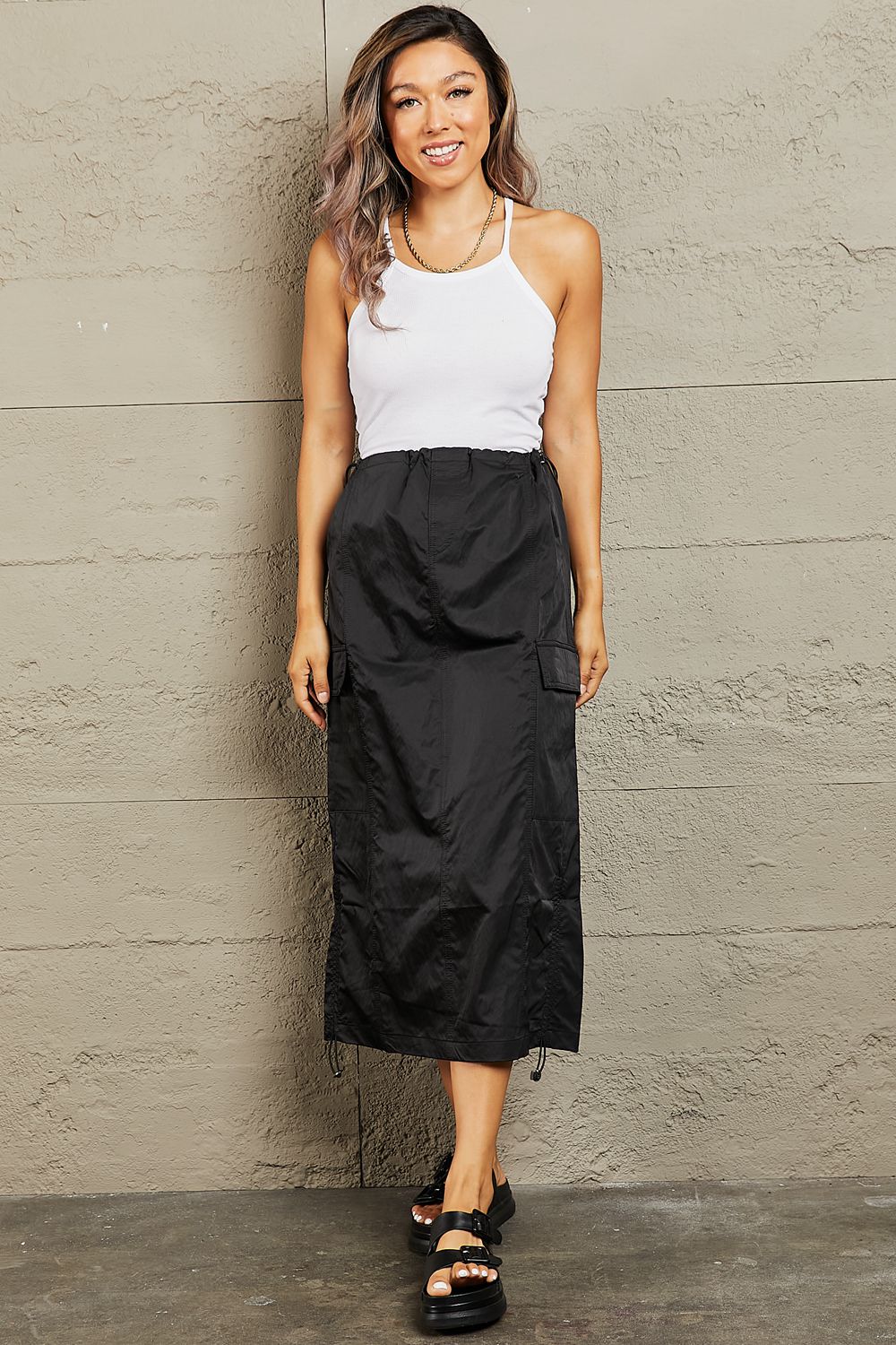 HYFVE Just In Time High Waisted Cargo Midi Skirt in Black