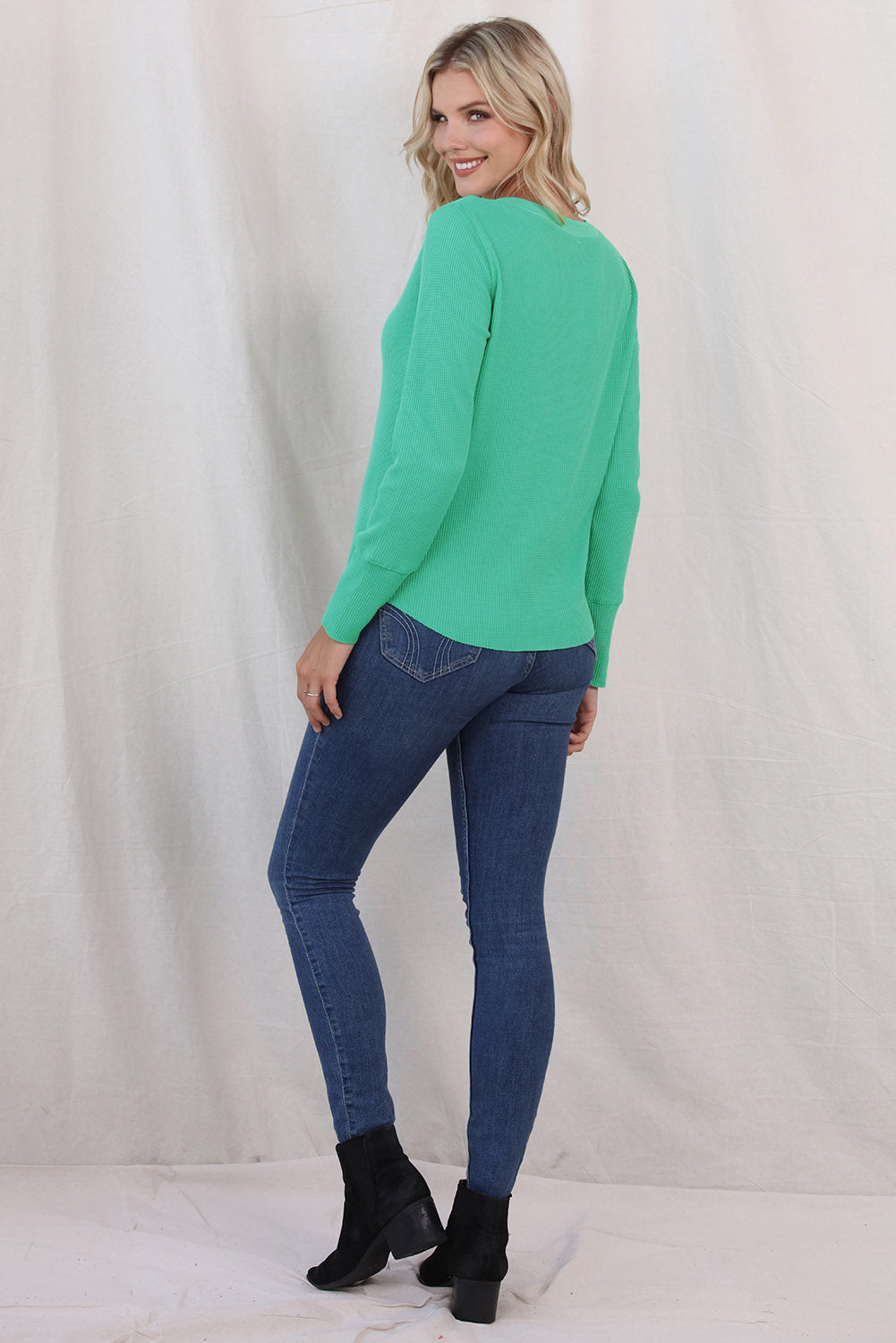 Waffle Knit Buttoned Notched Neck Long Sleeve T-Shirt