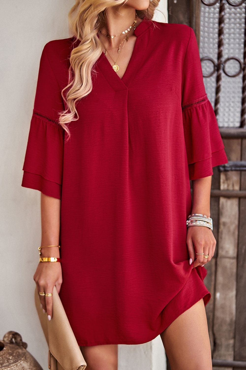 Notched Neck Flare Sleeve Pocket Dress