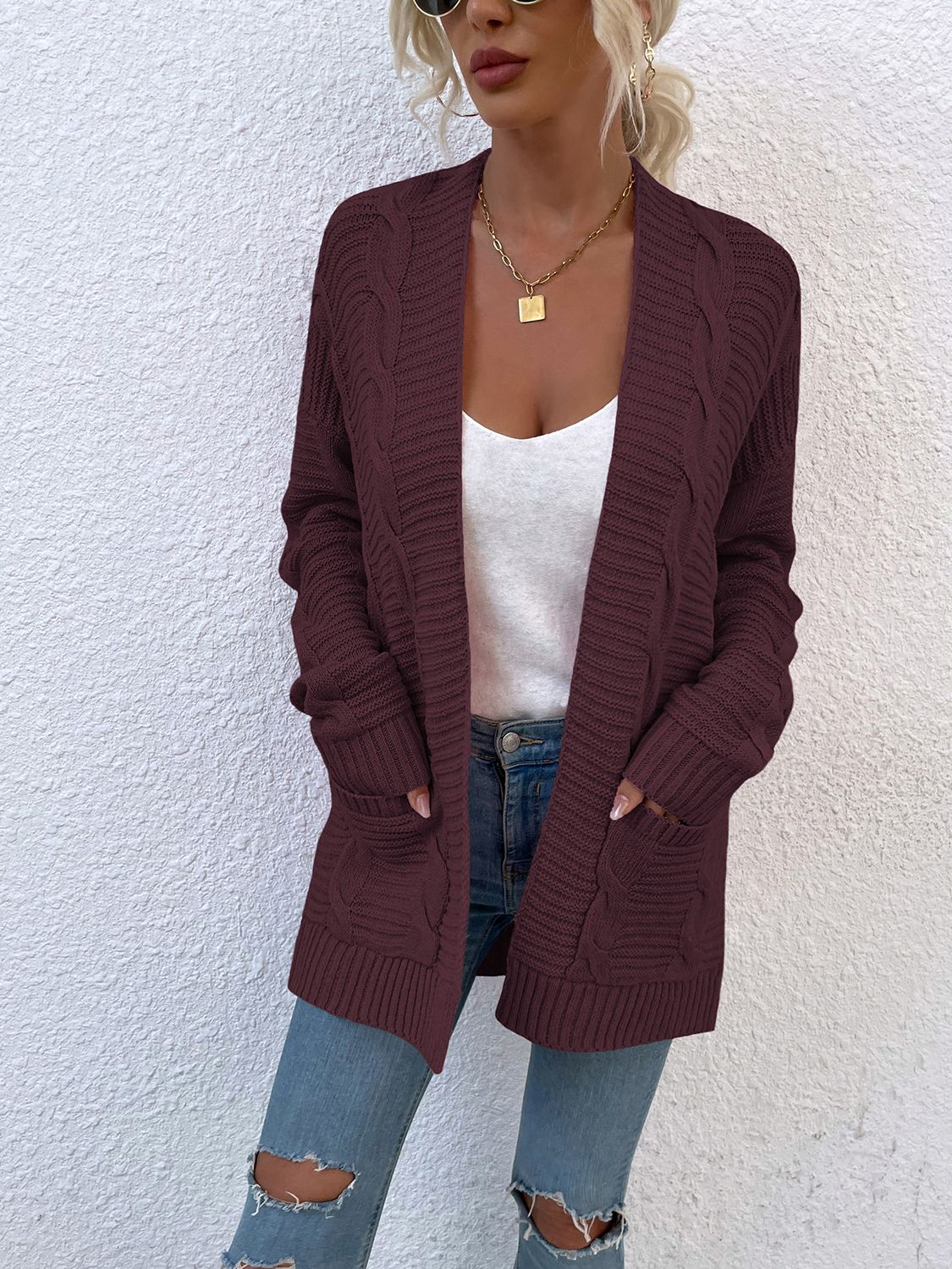 Cable-Knit Open Front Cardigan with Pockets