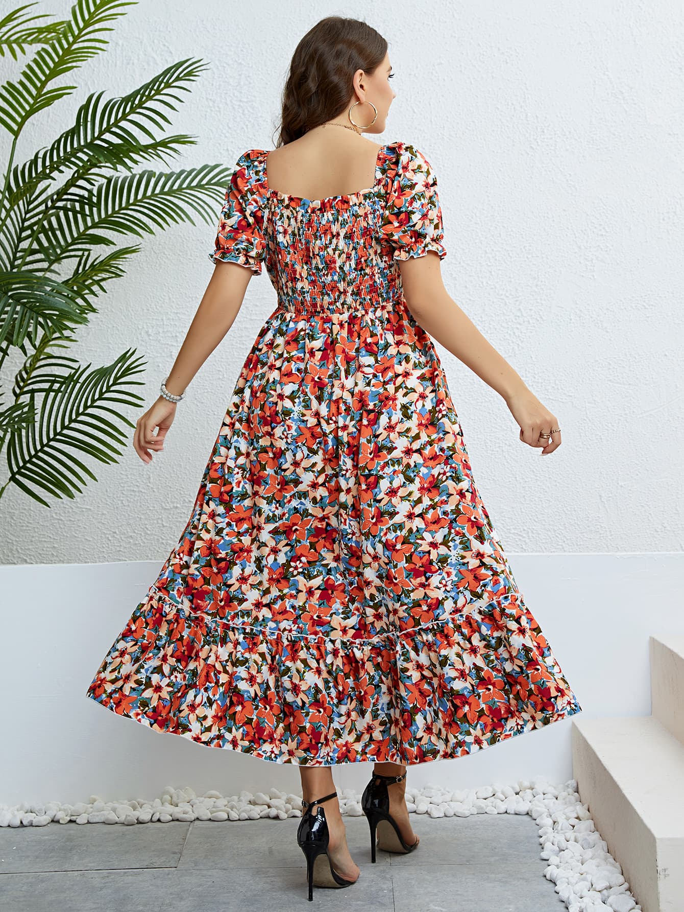 Plus Size Floral Smocked Square Neck Dress