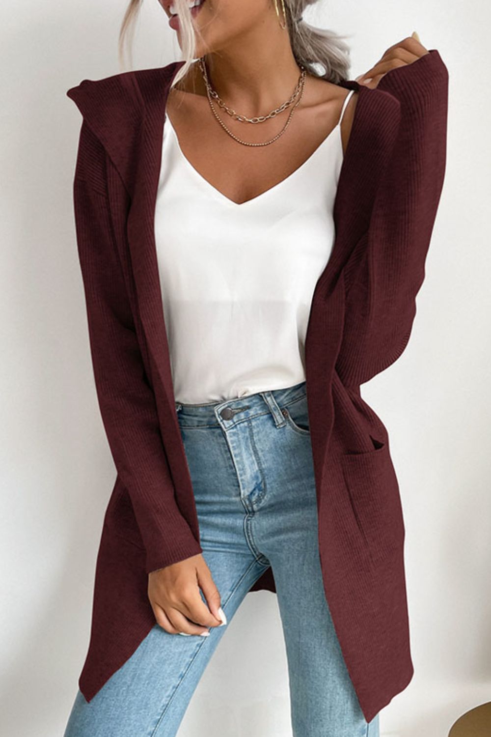 Double Take Ribbed Open Front Hooded Cardigan with Pockets