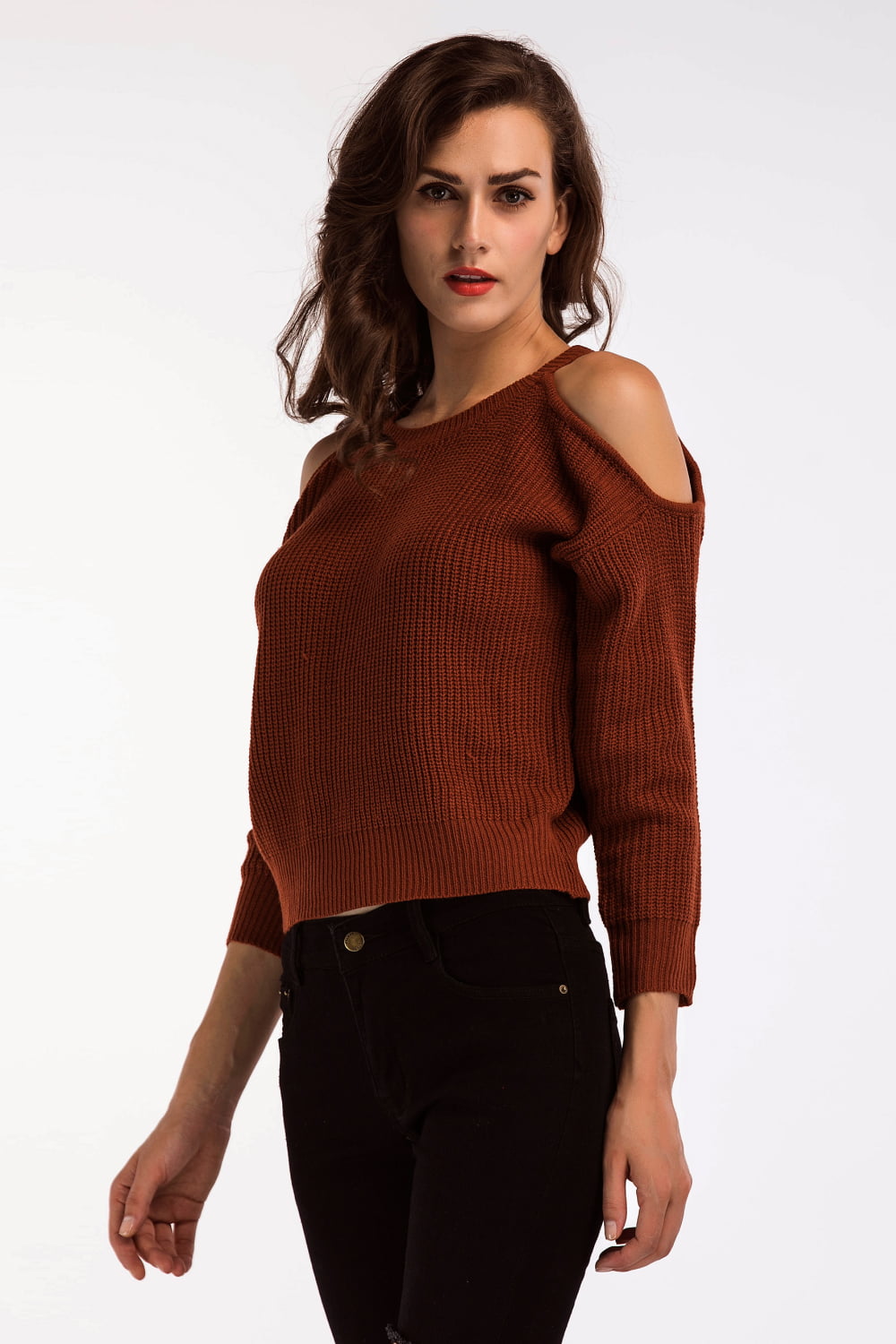 Double Take Round Neck Cold-Shoulder Ribbed Sweater