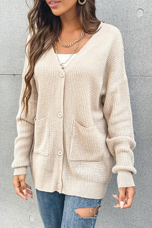 Button Front Drop Shoulder Waffle Cardigan