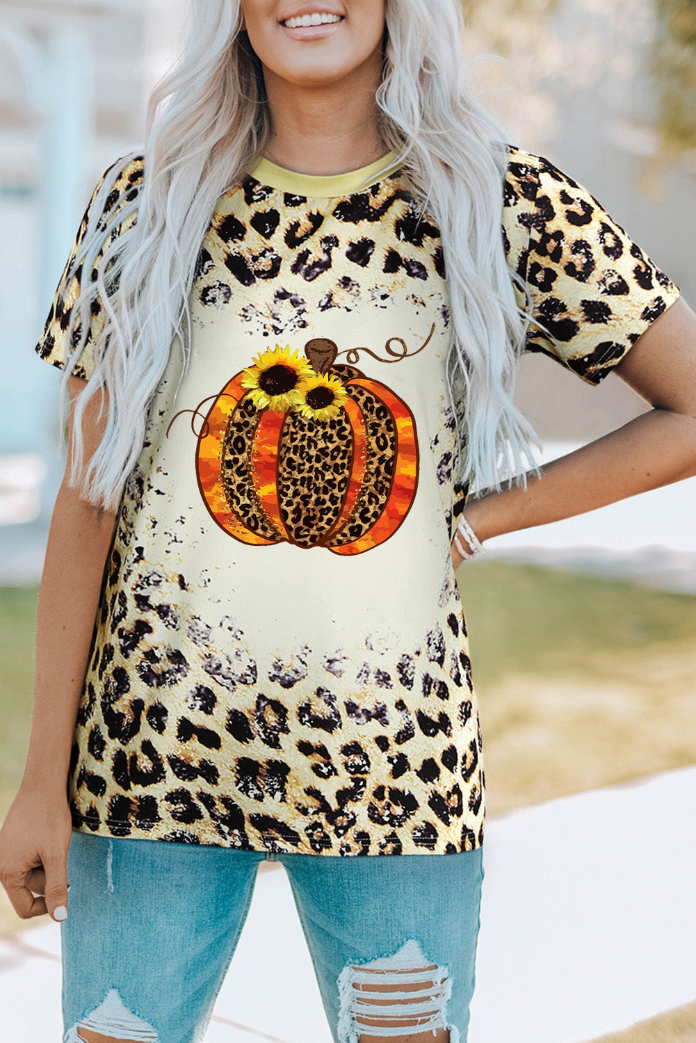 Leopard Pumpkin Graphic Round Neck Tee