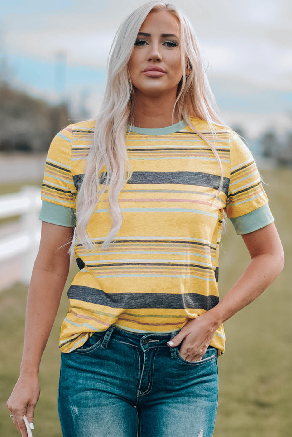 Multicolored Striped Round Neck Tee Shirt