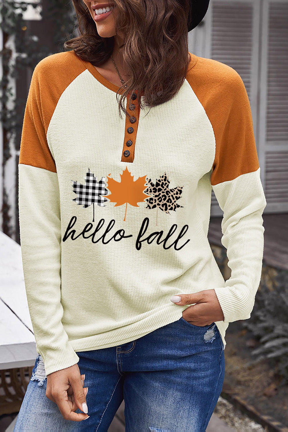 Simply Love HELLO FALL Graphic Raglan Sleeve Henley Top