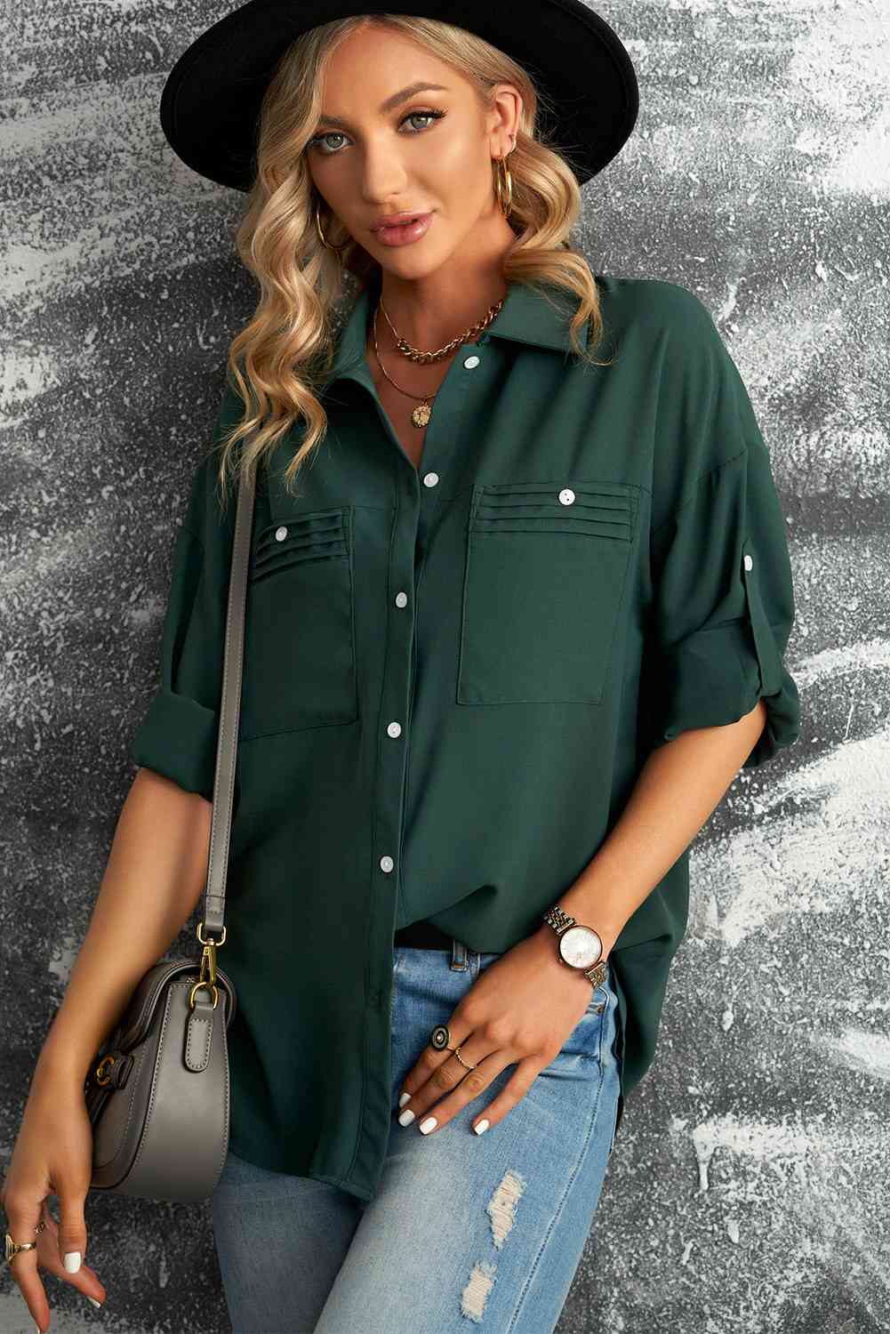 Button-Up Roll-Tab Sleeve Shirt