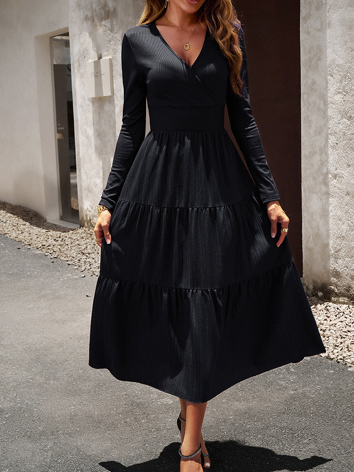 Surplice Neck Long Sleeve Smocked Waist Midi Dress