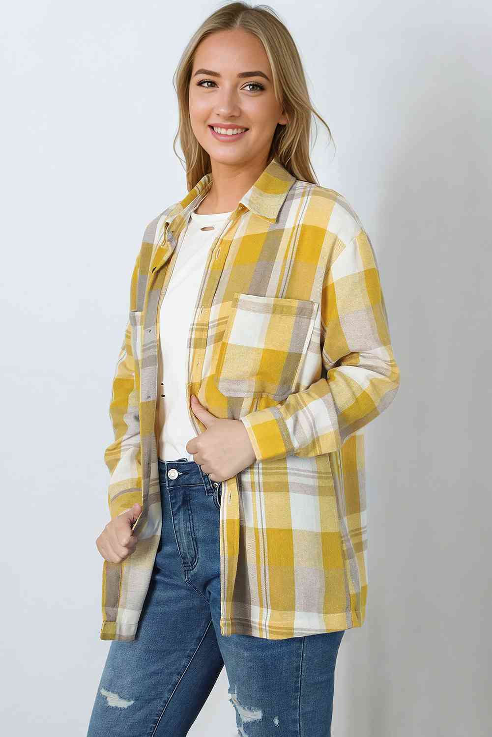 Plaid Collared Neck Long Sleeve Shirt