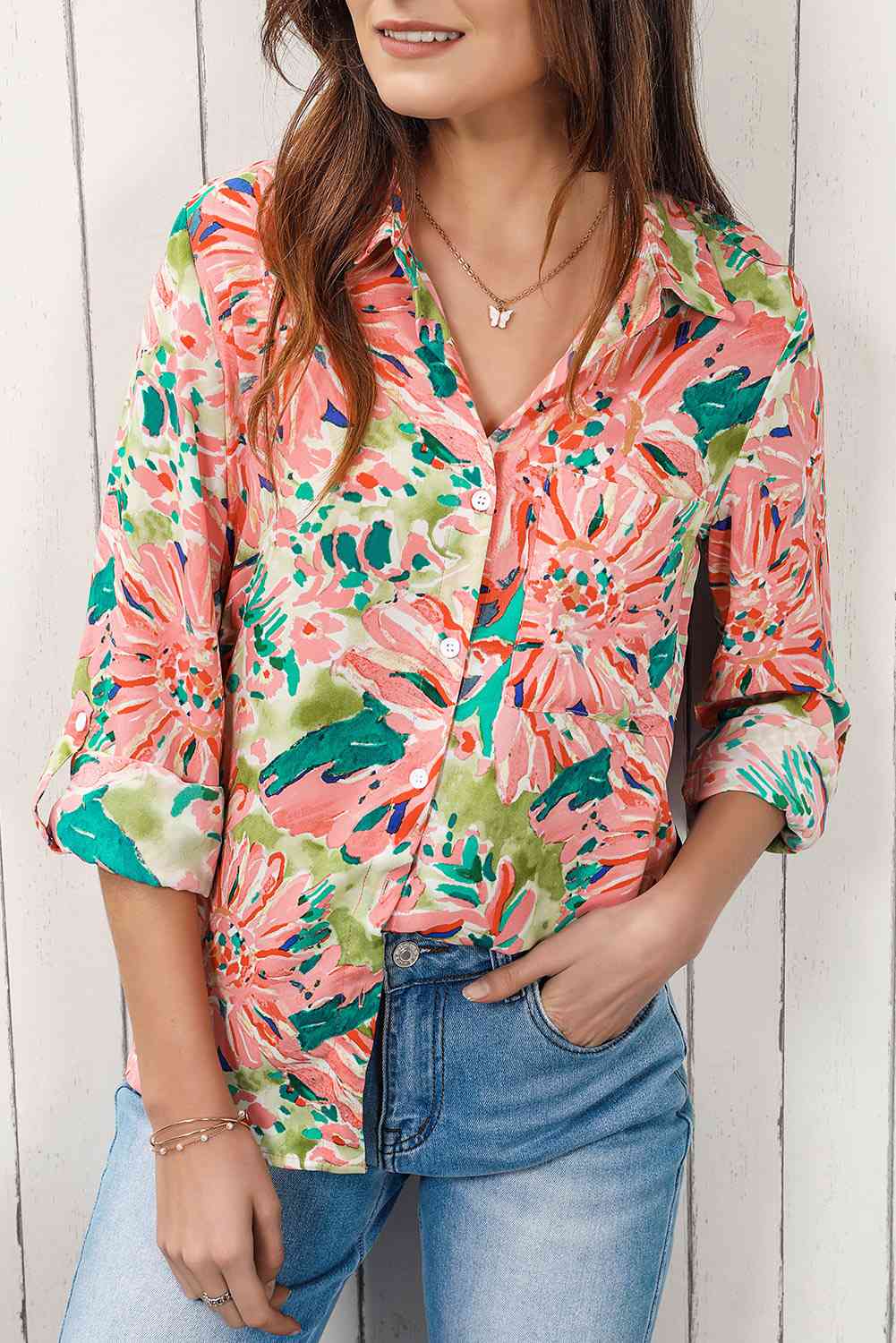 Double Take Floral Long Sleeve Collared Shirt