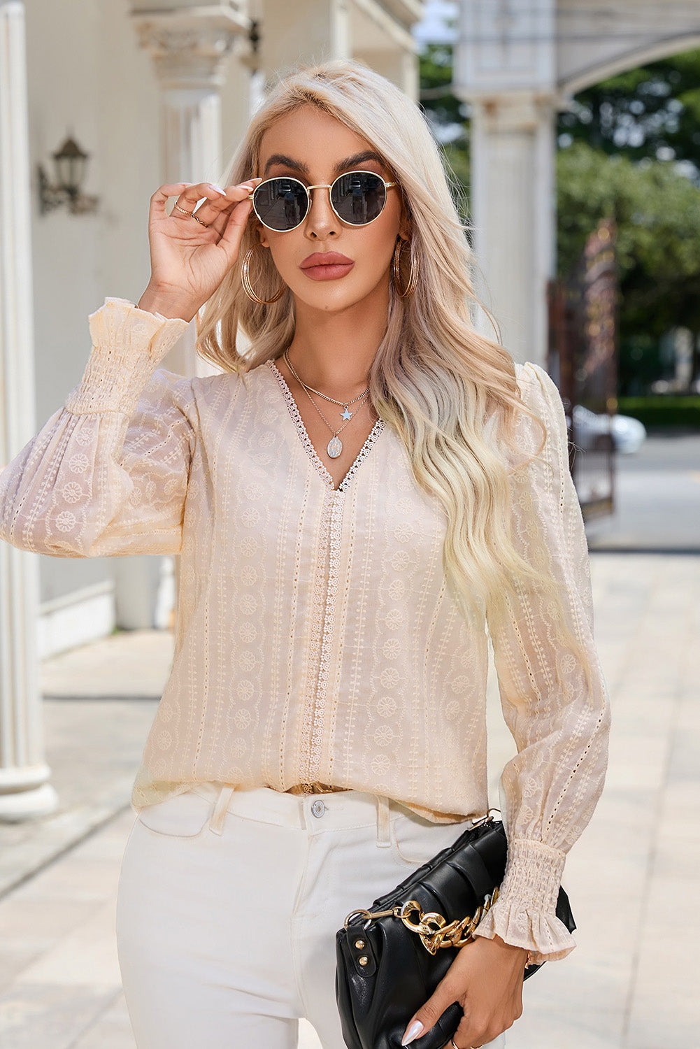 V-Neck Smocked Flounce Sleeve Blouse