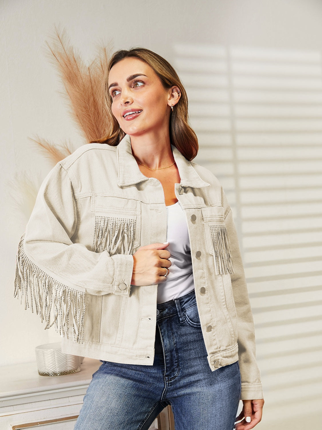 Fringe Detail Dropped Shoulder Denim Jacket