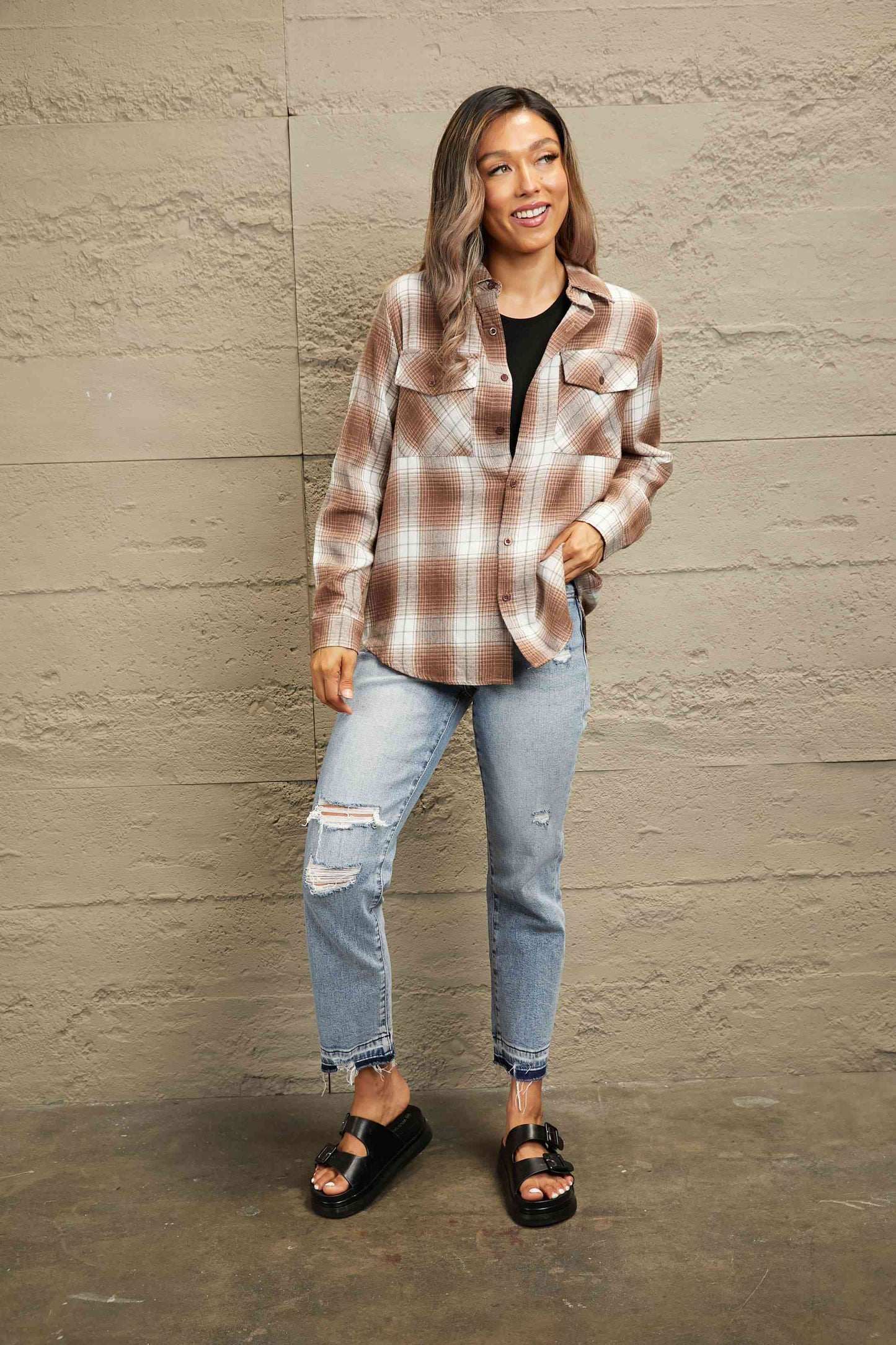 Double Take Plaid Collared Neck Long Sleeve Shirt