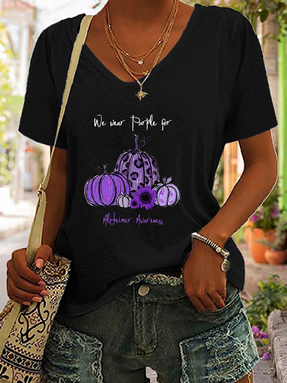 Full Size Pumpkin Graphic V-Neck T-Shirt