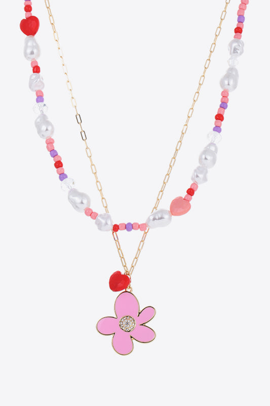 Flower and Heart Pendant Layered Necklace