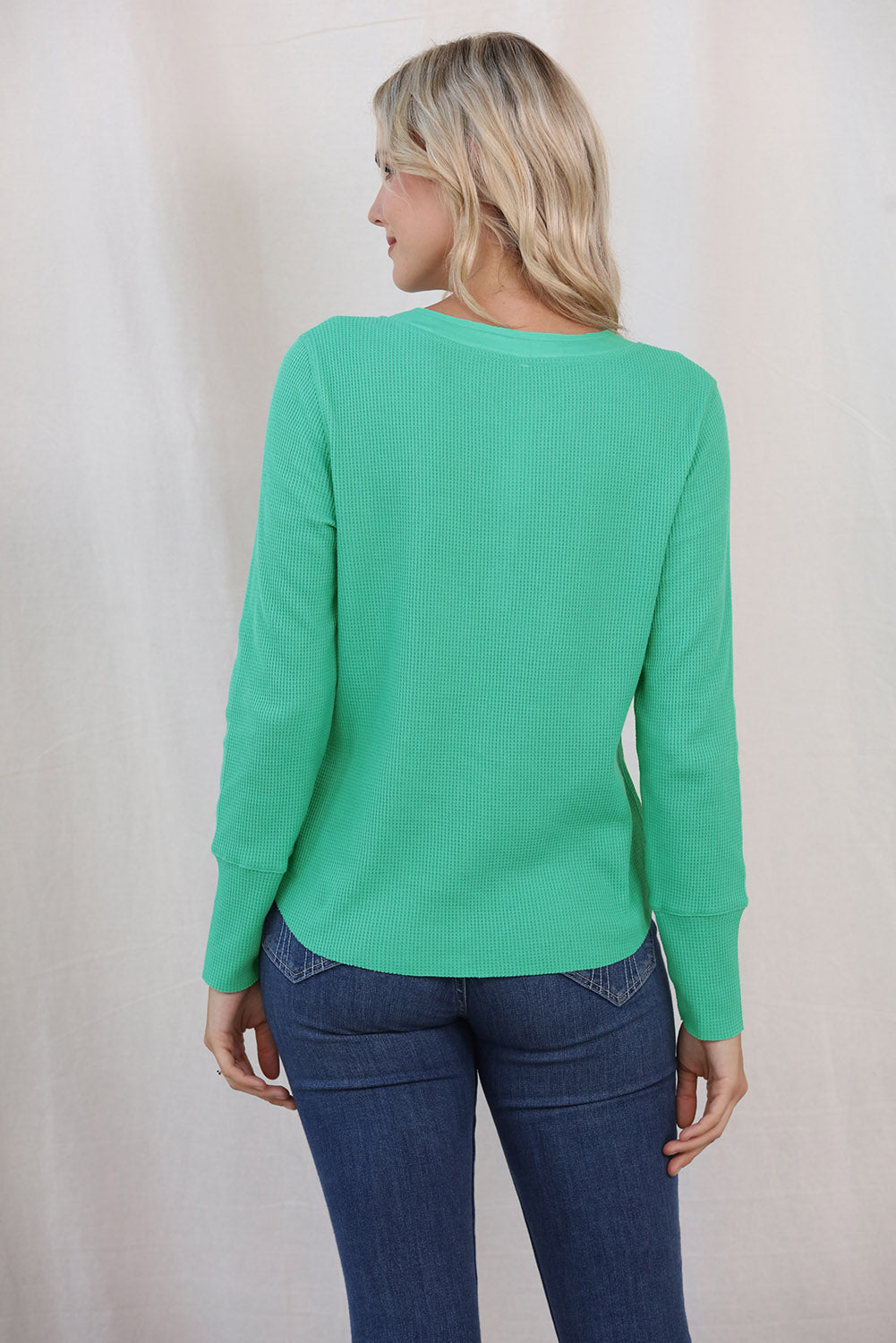 Waffle Knit Buttoned Notched Neck Long Sleeve T-Shirt