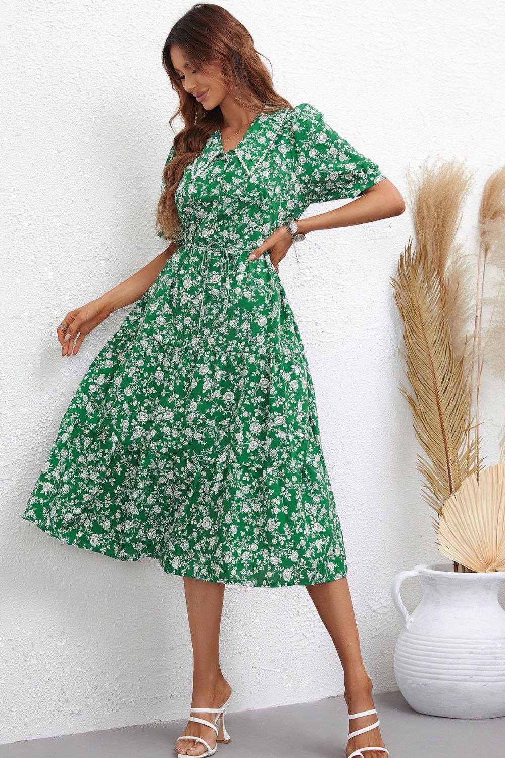 Floral Tie Waist Puff Sleeve Midi Dress