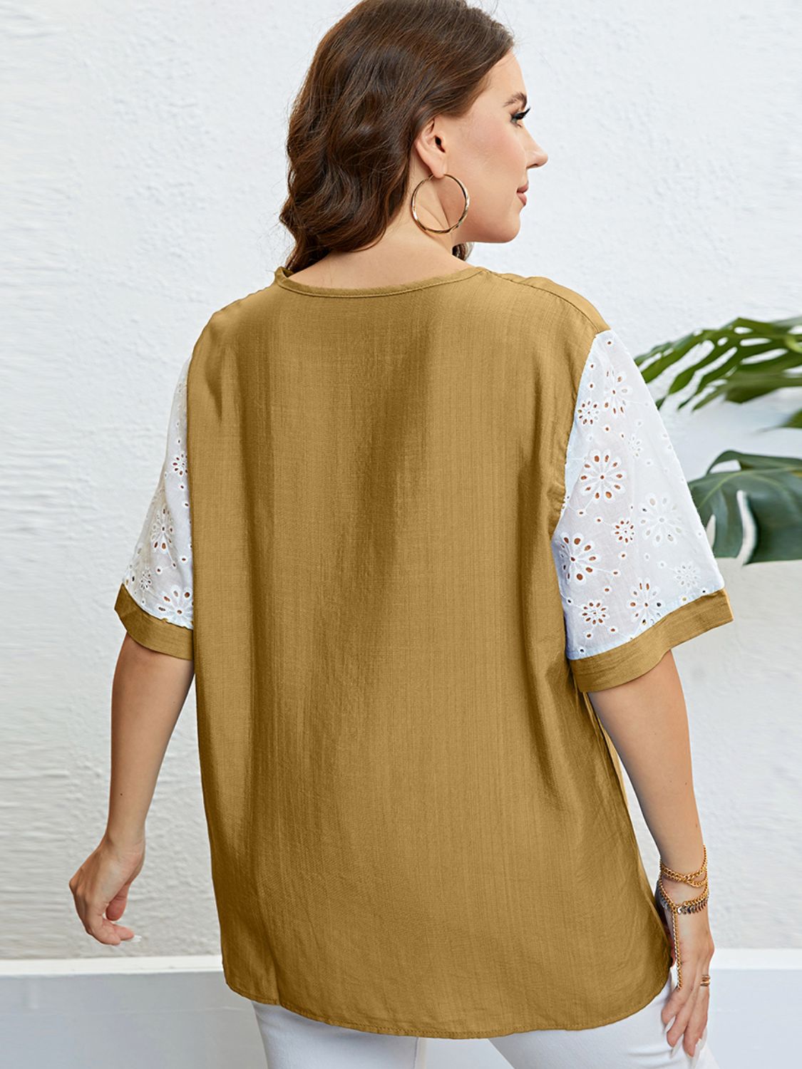 Plus Size Contrast Decorative Button Half Sleeve Top