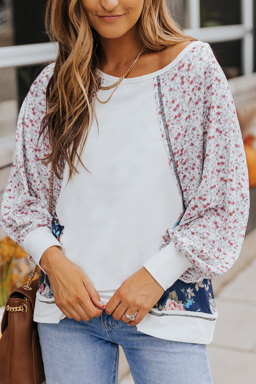 Floral Lantern Sleeve Round Neck Top