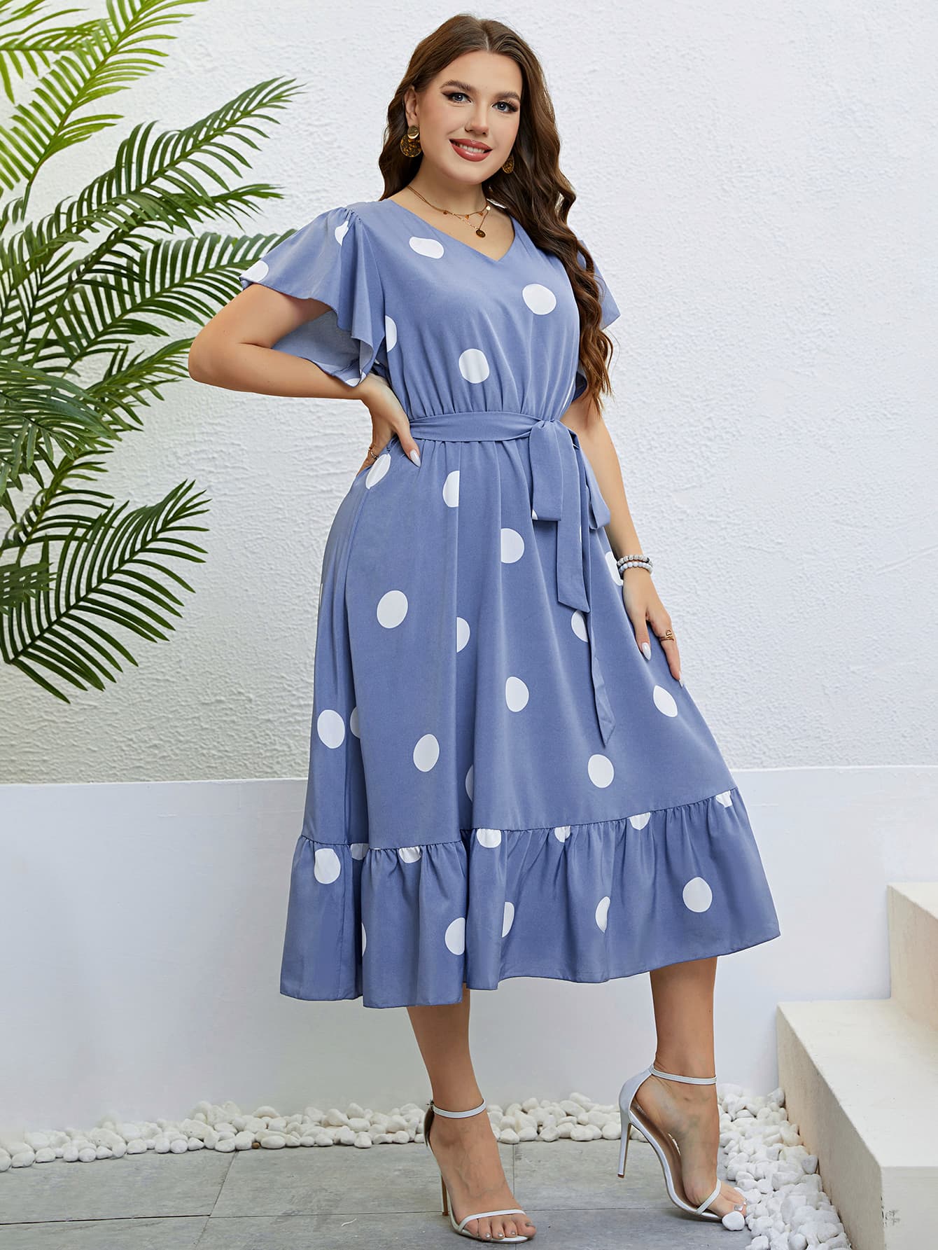 Polka Dot Belted Flutter Sleeve Ruffle Hem Dress